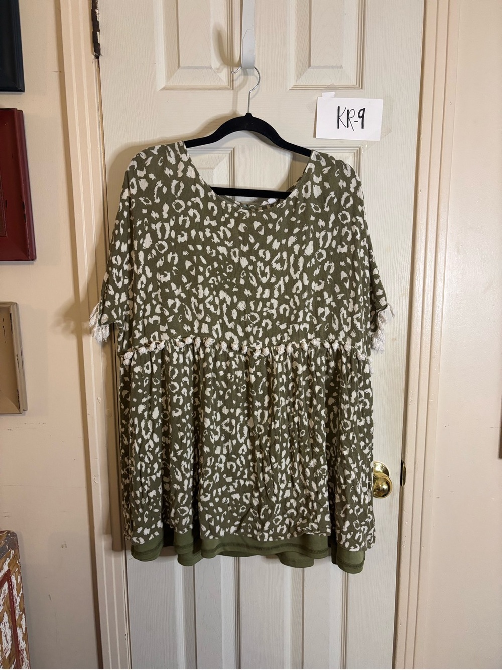 Olive Green Leopard Print Short Sleeve Tunic with Fringe
